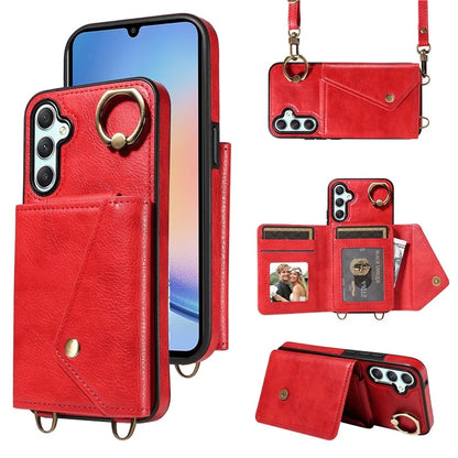 002 For Samsung Galaxy A15 5G Case Leather Lanyard Card Holder Phone Cover Finger Ring Holder