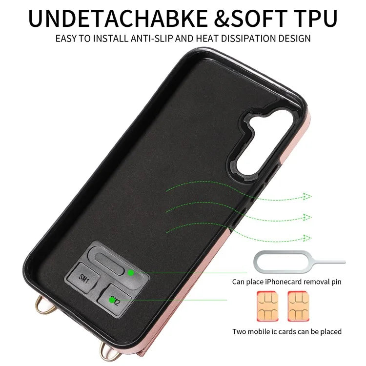 002 For Samsung Galaxy A05s 4G Case Card Holder Kickstand Leather Phone Cover Shoulder Strap