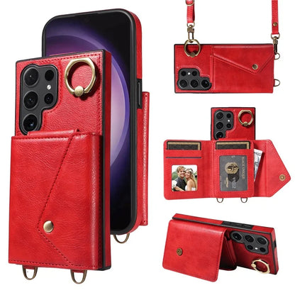 002 For Samsung Galaxy S24 Ultra Case Crossbody Card Holder Leather Phone Cover Ring Kickstand