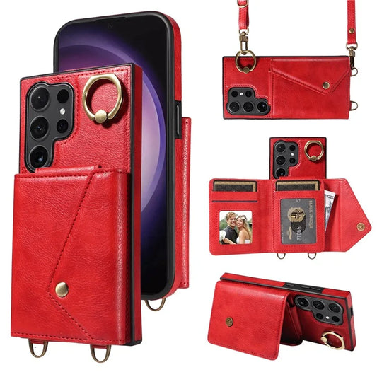 002 For Samsung Galaxy S24 Ultra Case Crossbody Card Holder Leather Phone Cover Ring Kickstand