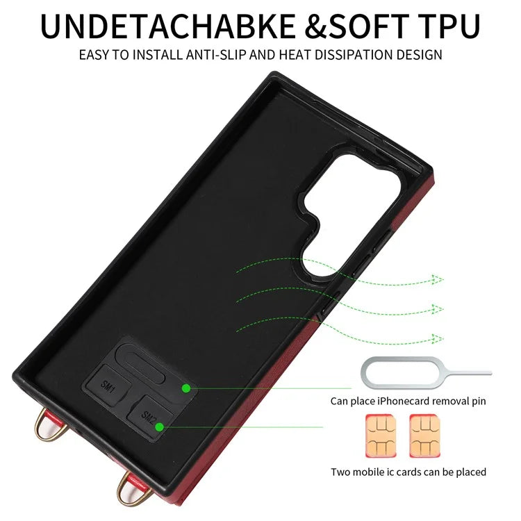 002 For Samsung Galaxy S24 Ultra Case Crossbody Card Holder Leather Phone Cover Ring Kickstand