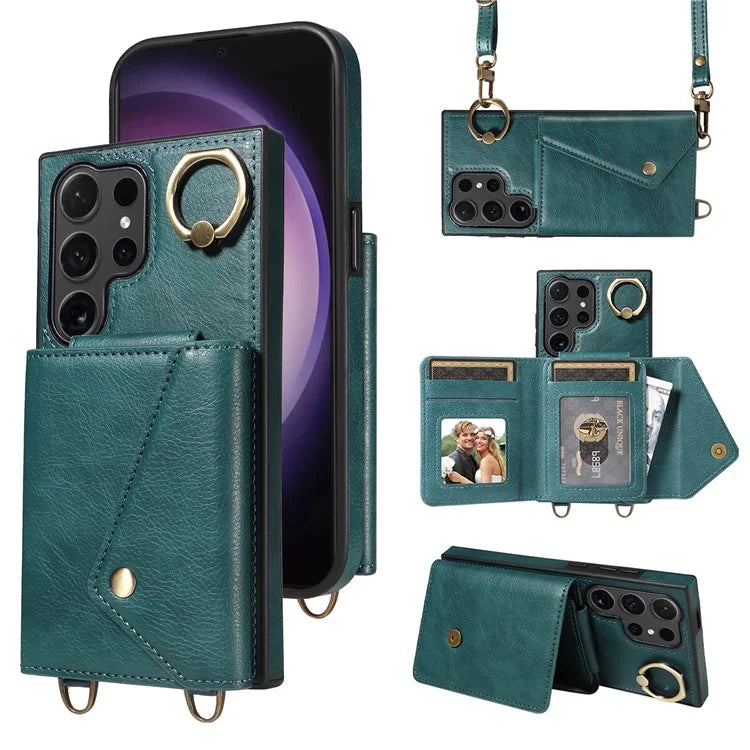 002 For Samsung Galaxy S24 Ultra Case Crossbody Card Holder Leather Phone Cover Ring Kickstand