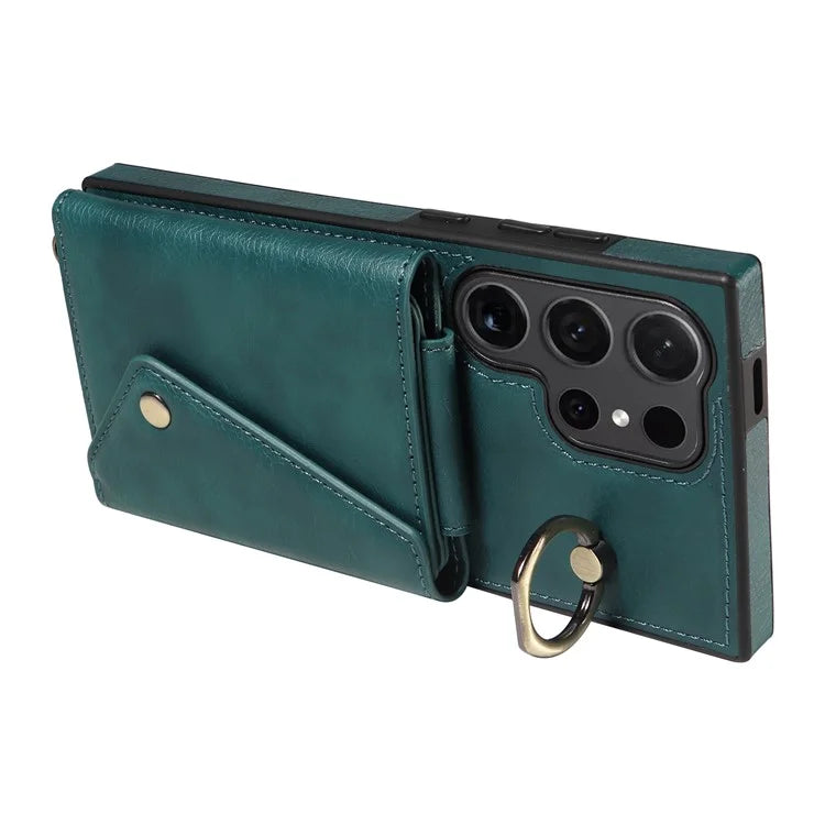 002 For Samsung Galaxy S24 Ultra Case Crossbody Card Holder Leather Phone Cover Ring Kickstand