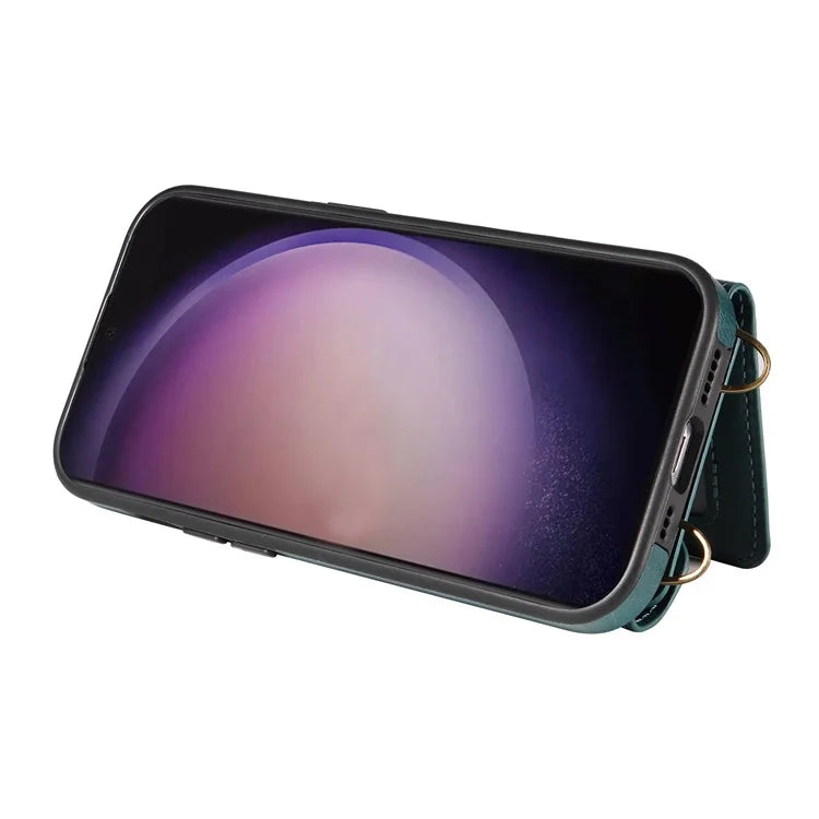 002 For Samsung Galaxy S24 Ultra Case Crossbody Card Holder Leather Phone Cover Ring Kickstand