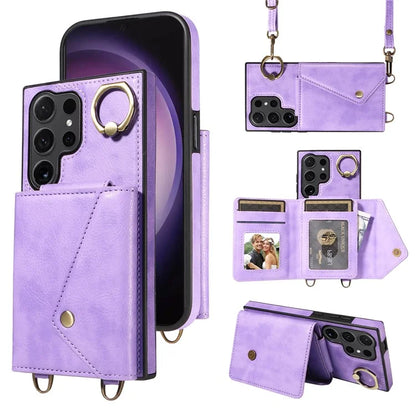 002 For Samsung Galaxy S24 Ultra Case Crossbody Card Holder Leather Phone Cover Ring Kickstand