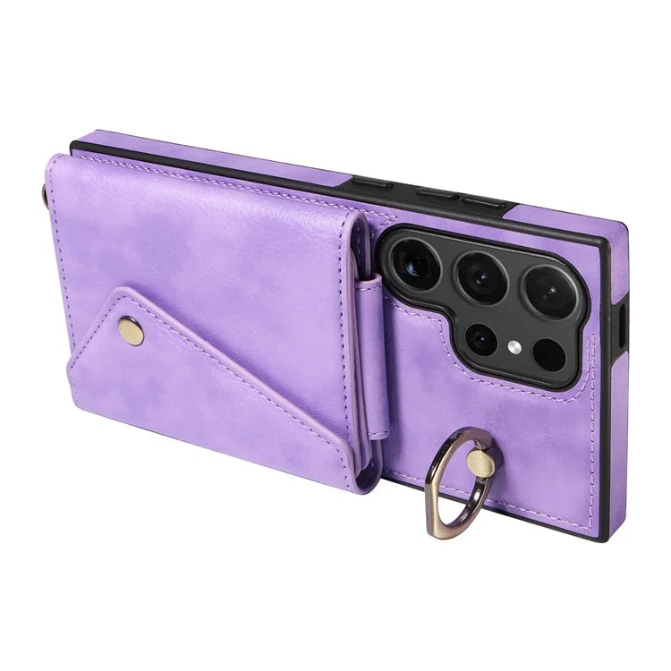 002 For Samsung Galaxy S24 Ultra Case Crossbody Card Holder Leather Phone Cover Ring Kickstand