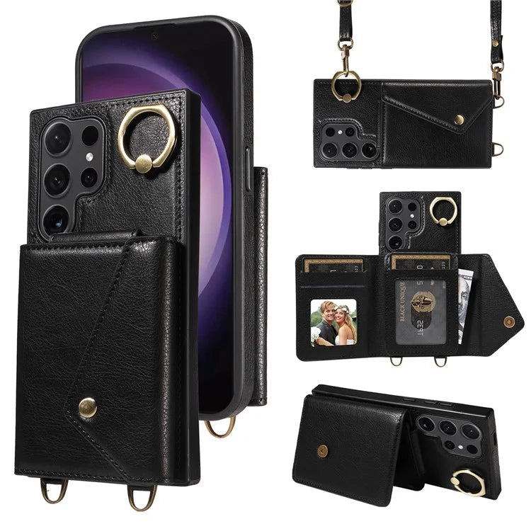 002 For Samsung Galaxy S24 Ultra Case Crossbody Card Holder Leather Phone Cover Ring Kickstand