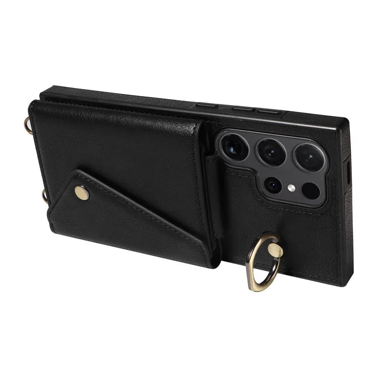 002 For Samsung Galaxy S24 Ultra Case Crossbody Card Holder Leather Phone Cover Ring Kickstand