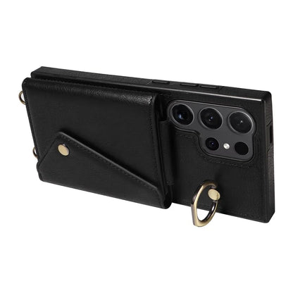 002 For Samsung Galaxy S24 Ultra Case Crossbody Card Holder Leather Phone Cover Ring Kickstand