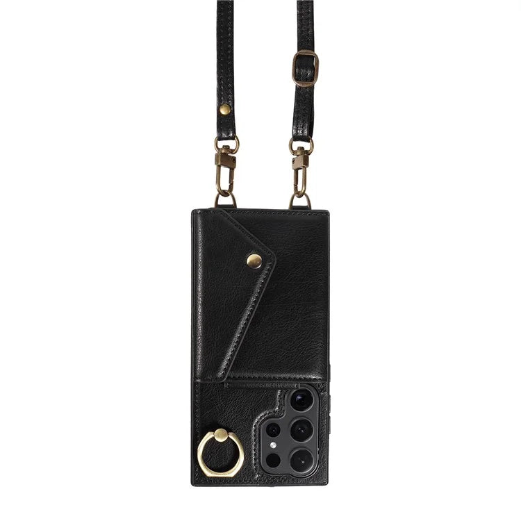 002 For Samsung Galaxy S24 Ultra Case Crossbody Card Holder Leather Phone Cover Ring Kickstand