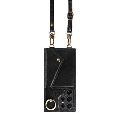 002 For Samsung Galaxy S24 Ultra Case Crossbody Card Holder Leather Phone Cover Ring Kickstand