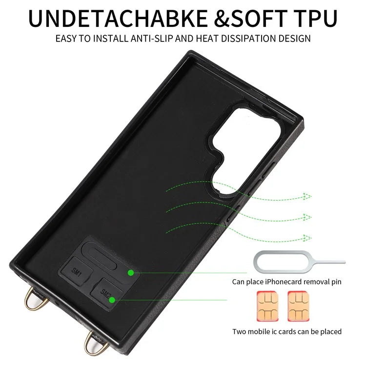 002 For Samsung Galaxy S24 Ultra Case Crossbody Card Holder Leather Phone Cover Ring Kickstand