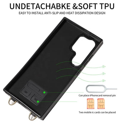 002 For Samsung Galaxy S24 Ultra Case Crossbody Card Holder Leather Phone Cover Ring Kickstand