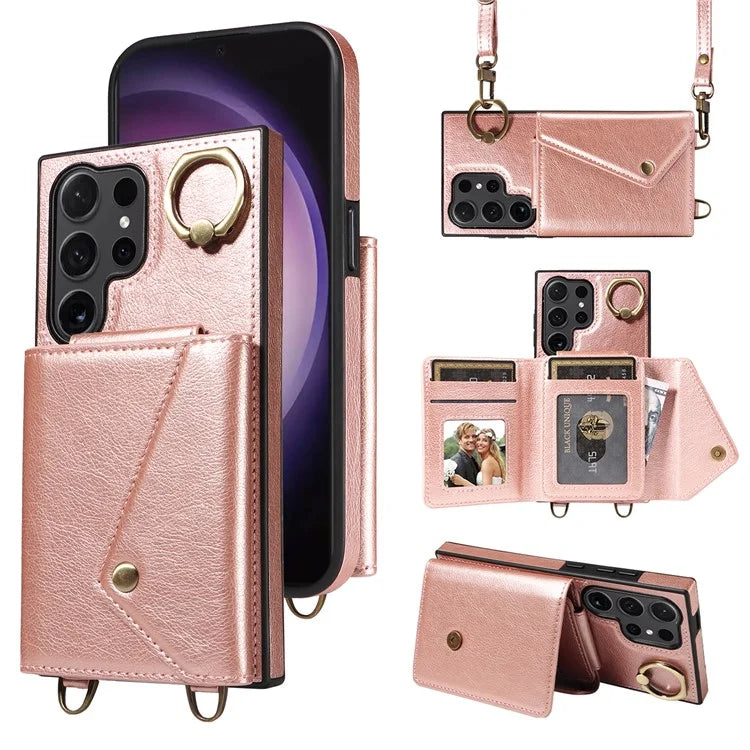002 For Samsung Galaxy S24 Ultra Case Crossbody Card Holder Leather Phone Cover Ring Kickstand