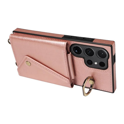 002 For Samsung Galaxy S24 Ultra Case Crossbody Card Holder Leather Phone Cover Ring Kickstand