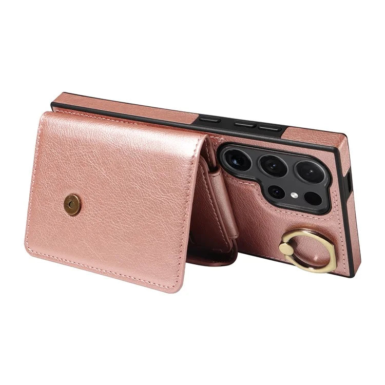 002 For Samsung Galaxy S24 Ultra Case Crossbody Card Holder Leather Phone Cover Ring Kickstand
