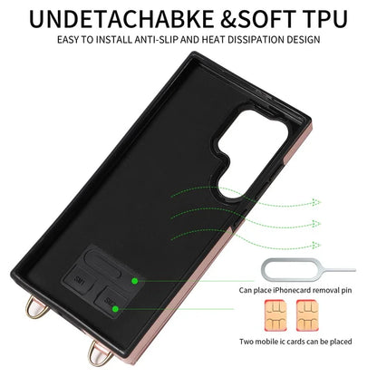 002 For Samsung Galaxy S24 Ultra Case Crossbody Card Holder Leather Phone Cover Ring Kickstand