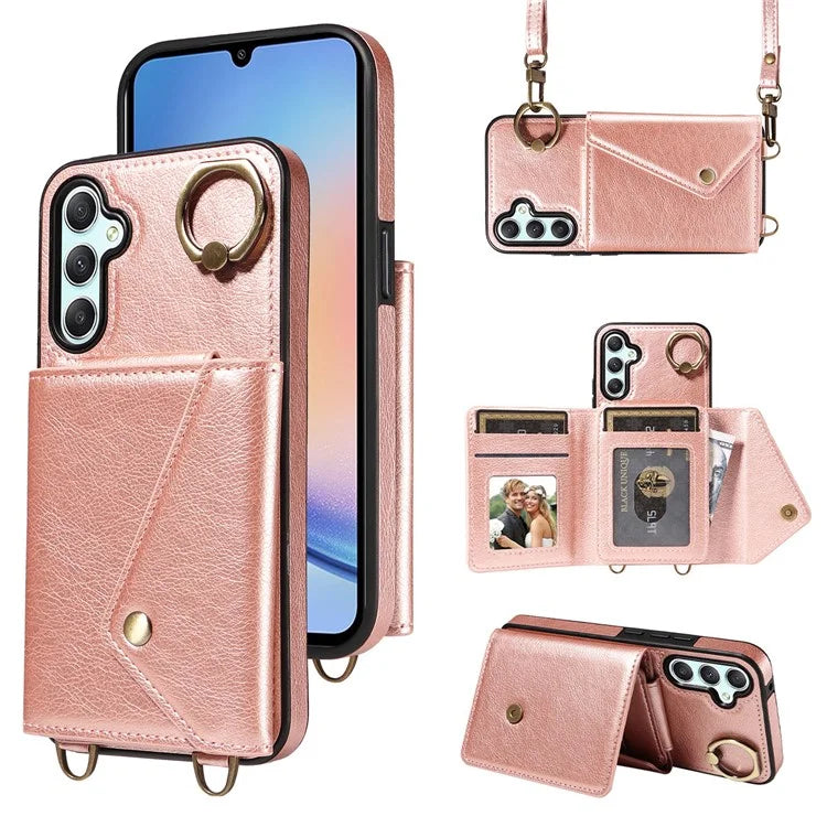 002 For Samsung Galaxy A05 4G Case Card Holder Leather Crossbody Back Cover Anti-Drop Ring Holder
