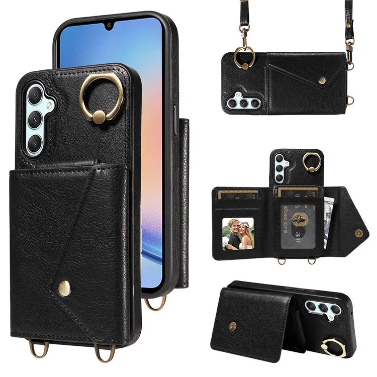 002 For Samsung Galaxy A05 4G Case Card Holder Leather Crossbody Back Cover Anti-Drop Ring Holder