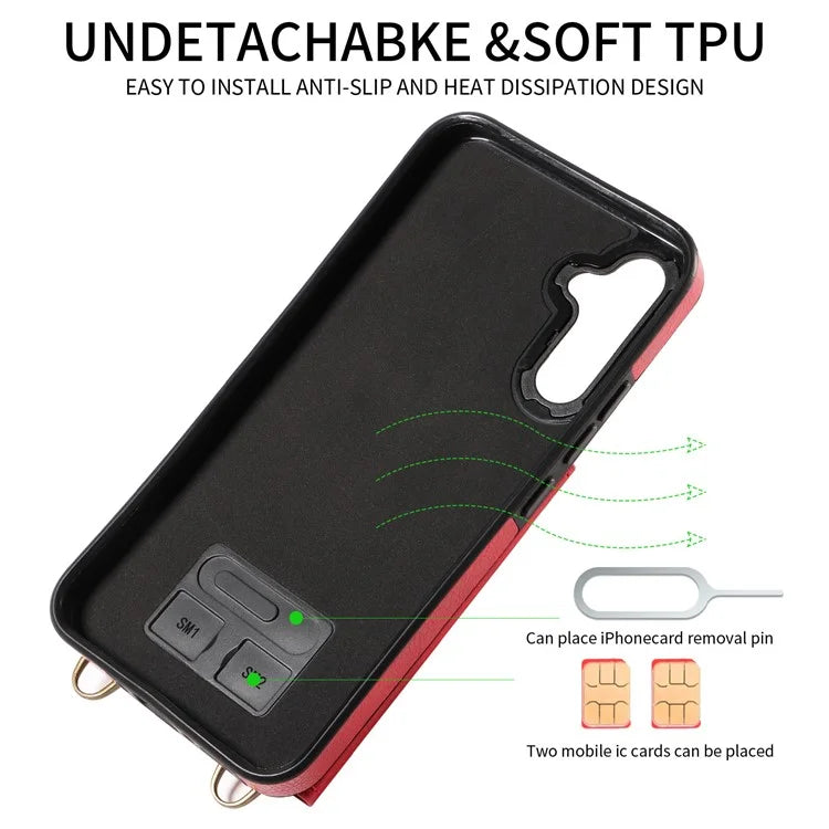 002 For Samsung Galaxy A05 4G Case Card Holder Leather Crossbody Back Cover Anti-Drop Ring Holder