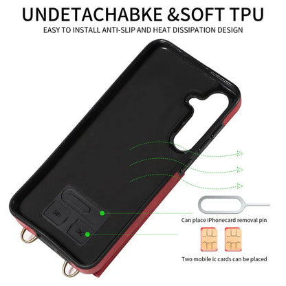 002 For Samsung Galaxy S24+ Case with Crossbody Lanyard Litchi Texture Leather Phone Cover Card Holder