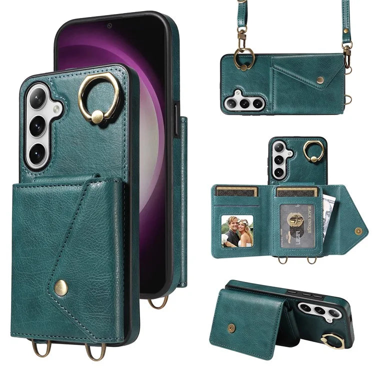 002 For Samsung Galaxy S24+ Case with Crossbody Lanyard Litchi Texture Leather Phone Cover Card Holder