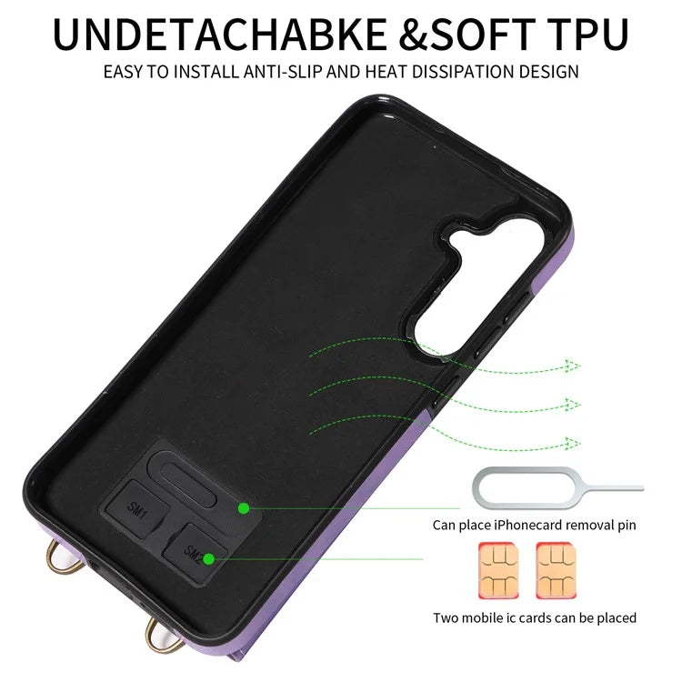 002 For Samsung Galaxy S24+ Case with Crossbody Lanyard Litchi Texture Leather Phone Cover Card Holder