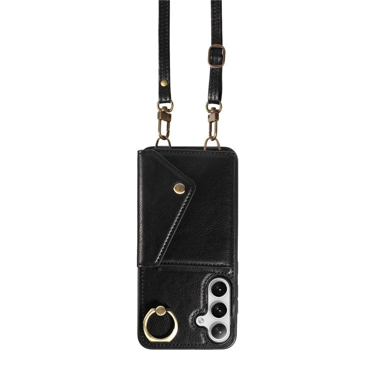 002 For Samsung Galaxy S24+ Case with Crossbody Lanyard Litchi Texture Leather Phone Cover Card Holder