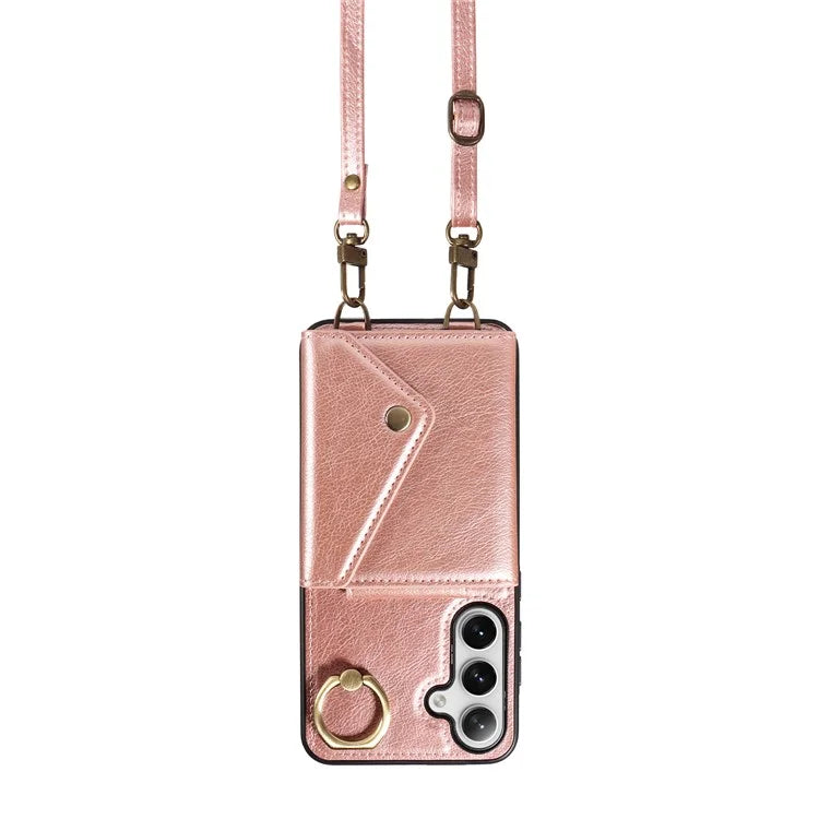 002 For Samsung Galaxy S24+ Case with Crossbody Lanyard Litchi Texture Leather Phone Cover Card Holder