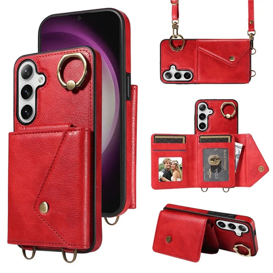 002 For Samsung Galaxy S24 Crossbody Case Leather Phone Cover Finger Ring Holder Kickstand