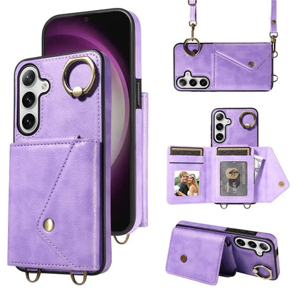 002 For Samsung Galaxy S24 Crossbody Case Leather Phone Cover Finger Ring Holder Kickstand