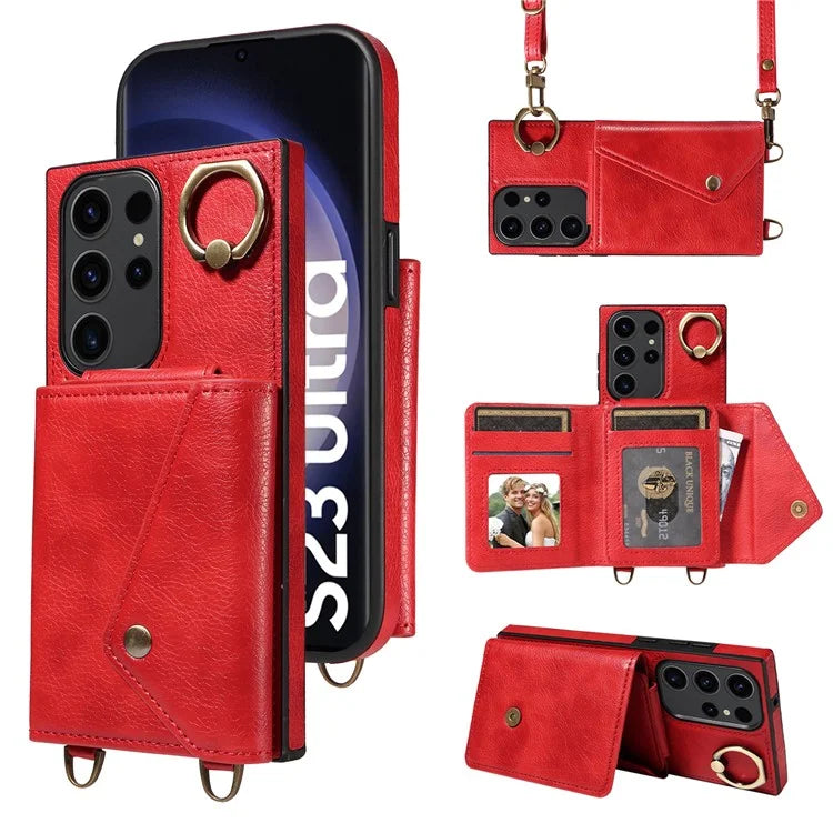 002 For Samsung Galaxy S23 Ultra Case Leather + TPU Crossbody Card Holder Slot Phone Cover