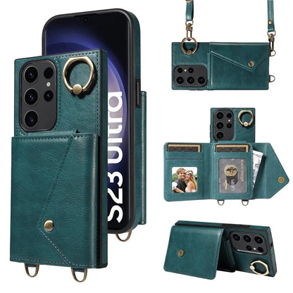 002 For Samsung Galaxy S23 Ultra Case Leather + TPU Crossbody Card Holder Slot Phone Cover