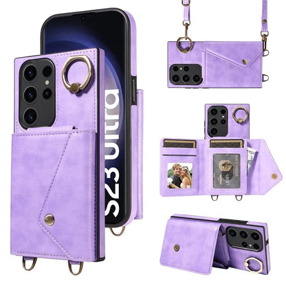 002 For Samsung Galaxy S23 Ultra Case Leather + TPU Crossbody Card Holder Slot Phone Cover