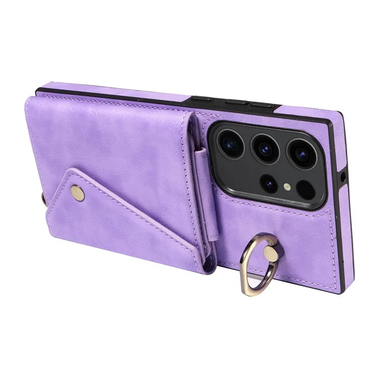 002 For Samsung Galaxy S23 Ultra Case Leather + TPU Crossbody Card Holder Slot Phone Cover