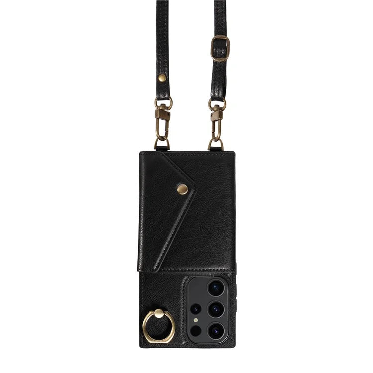 002 For Samsung Galaxy S23 Ultra Case Leather + TPU Crossbody Card Holder Slot Phone Cover