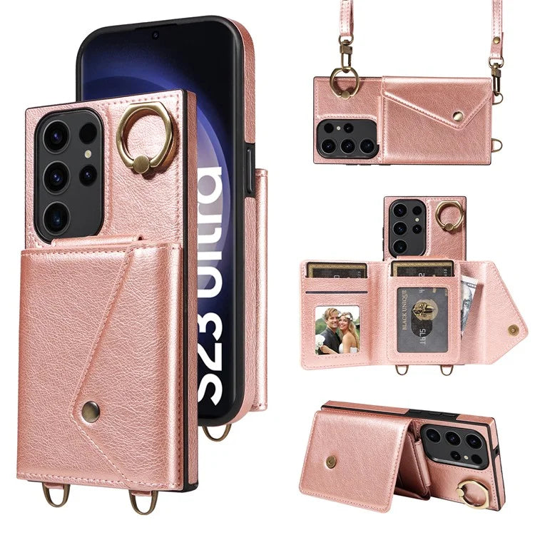 002 For Samsung Galaxy S23 Ultra Case Leather + TPU Crossbody Card Holder Slot Phone Cover