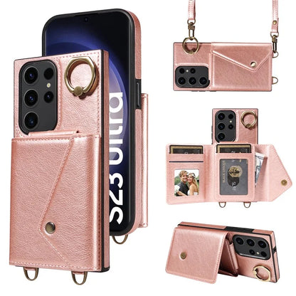 002 For Samsung Galaxy S23 Ultra Case Leather + TPU Crossbody Card Holder Slot Phone Cover