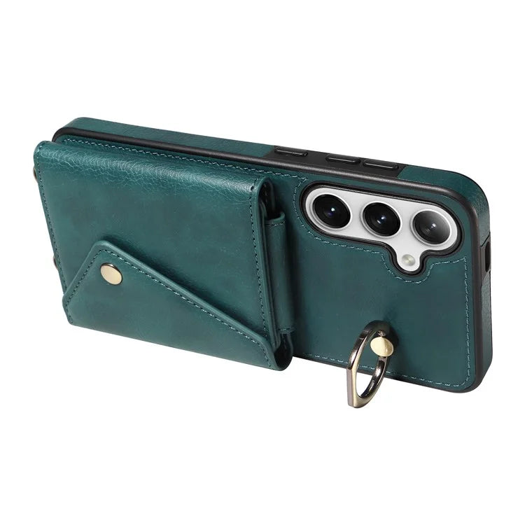 002 For Samsung Galaxy S23 FE Case Card Holder Litchi Texture Leather + TPU Phone Cover Ring Holder Kickstand