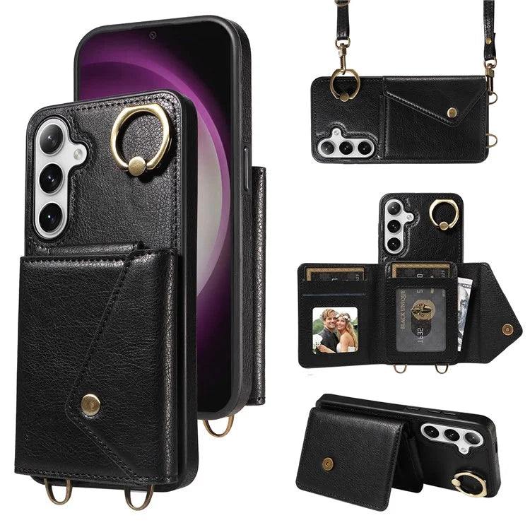 002 For Samsung Galaxy S23 FE Case Card Holder Litchi Texture Leather + TPU Phone Cover Ring Holder Kickstand