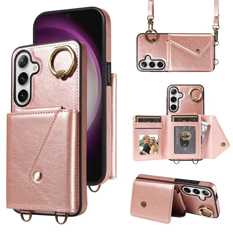 002 For Samsung Galaxy S23 FE Case Card Holder Litchi Texture Leather + TPU Phone Cover Ring Holder Kickstand