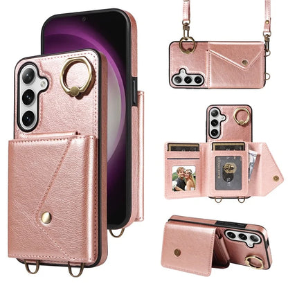 002 For Samsung Galaxy S23 FE Case Card Holder Litchi Texture Leather + TPU Phone Cover Ring Holder Kickstand