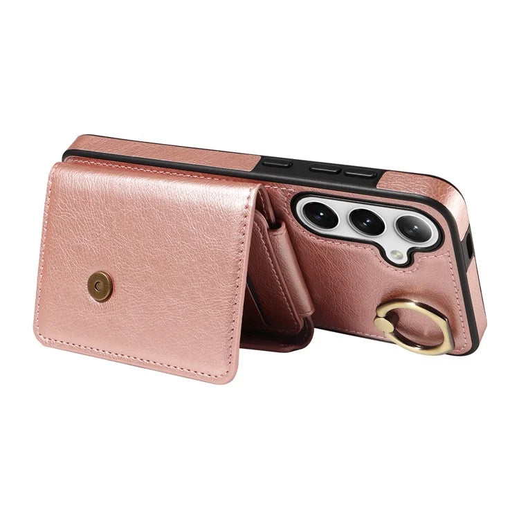 002 For Samsung Galaxy S23 FE Case Card Holder Litchi Texture Leather + TPU Phone Cover Ring Holder Kickstand