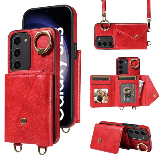 002 For Samsung Galaxy S23 Case Card Holder Leather + TPU Phone Cover with Long Shoulder Strap