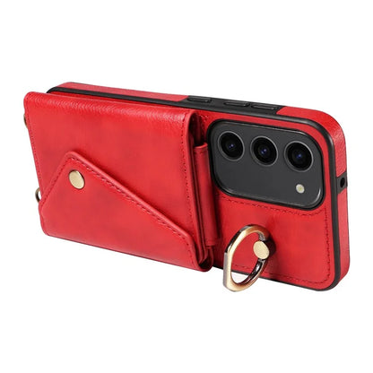 002 For Samsung Galaxy S23 Case Card Holder Leather + TPU Phone Cover with Long Shoulder Strap