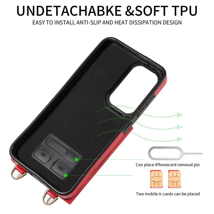 002 For Samsung Galaxy S23 Case Card Holder Leather + TPU Phone Cover with Long Shoulder Strap