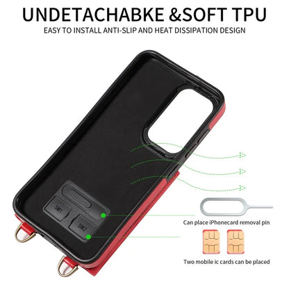 002 For Samsung Galaxy S23 Case Card Holder Leather + TPU Phone Cover with Long Shoulder Strap