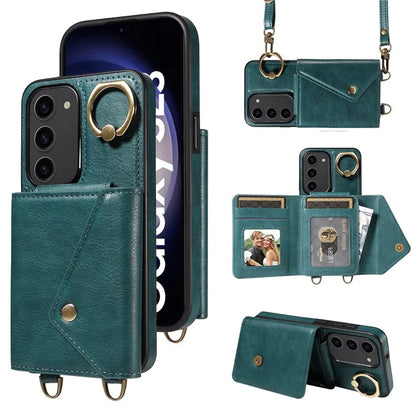 002 For Samsung Galaxy S23 Case Card Holder Leather + TPU Phone Cover with Long Shoulder Strap