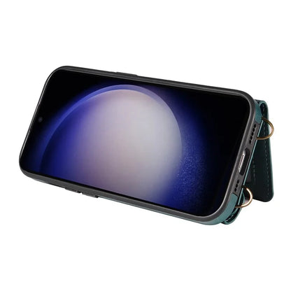 002 For Samsung Galaxy S23 Case Card Holder Leather + TPU Phone Cover with Long Shoulder Strap