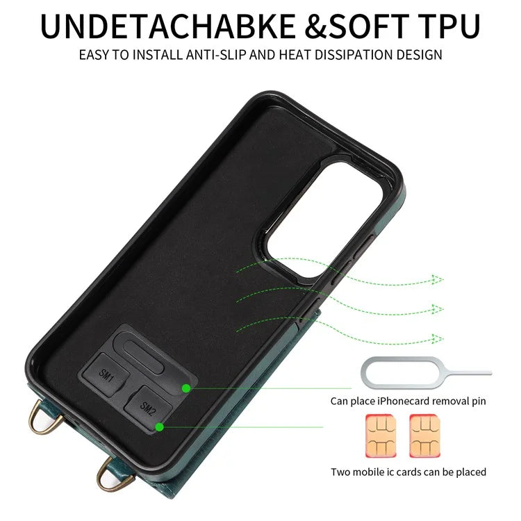 002 For Samsung Galaxy S23 Case Card Holder Leather + TPU Phone Cover with Long Shoulder Strap